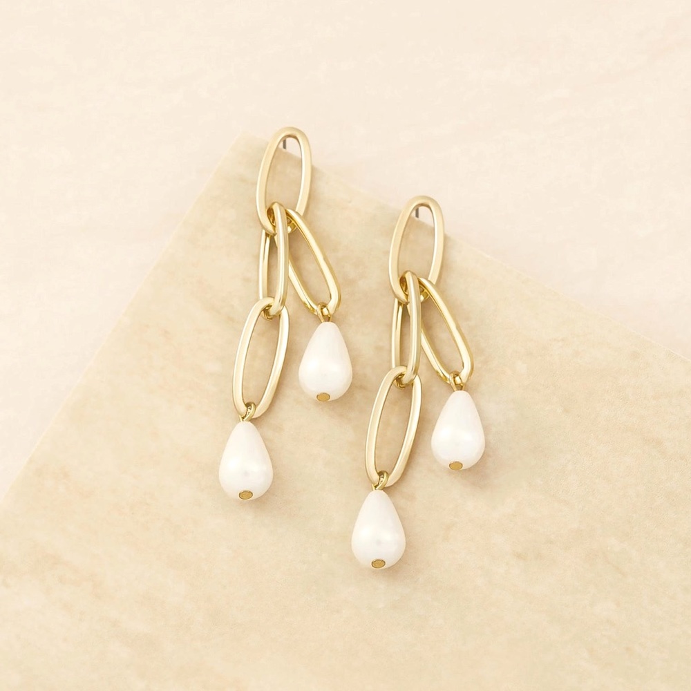 NWT! Never worn! Ettika PEARL CHAIN 18K GOLD PLATED DANGLE STATEMENT EARRINGS